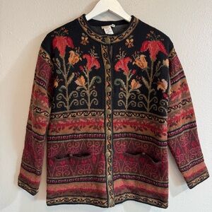 Vintage 100% Shetland Wool Lined Cardigan XS Dark Floral CottagecoreMetal Button